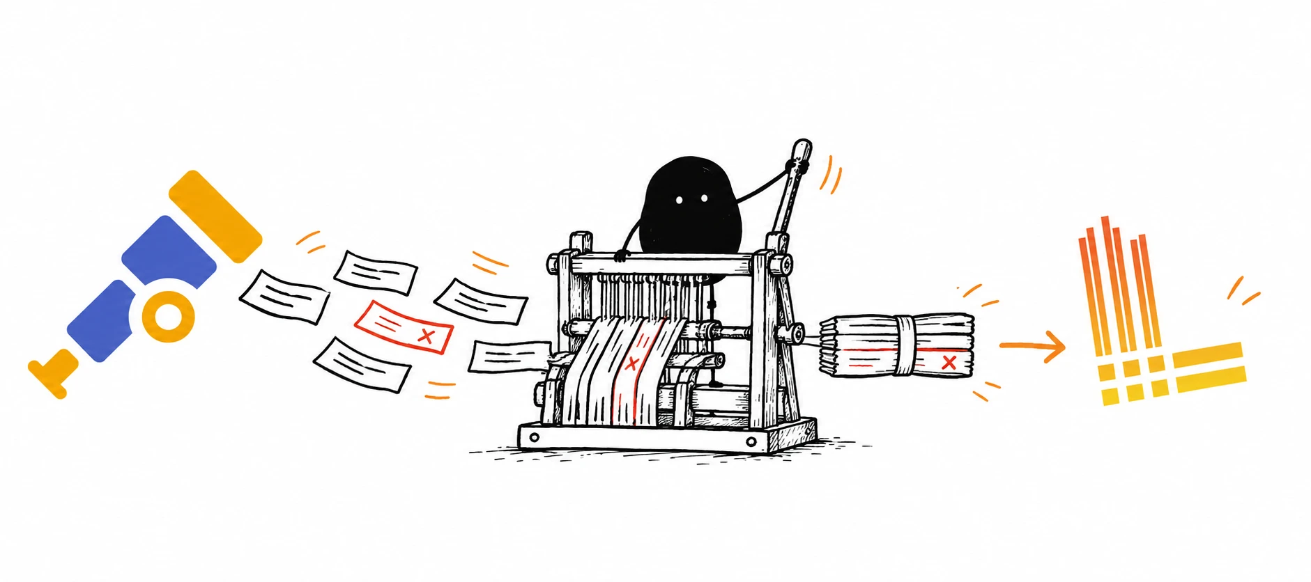 A hand-drawn character weaving OpenTelemetry log records into Loki