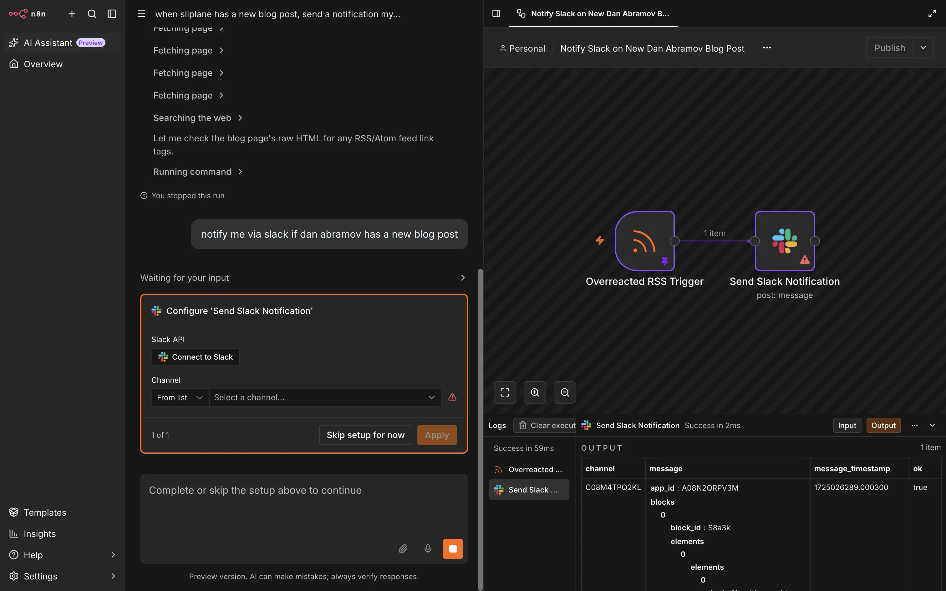 Der n8n KI-Assistent erstellt einen RSS-zu-Slack-Workflow
