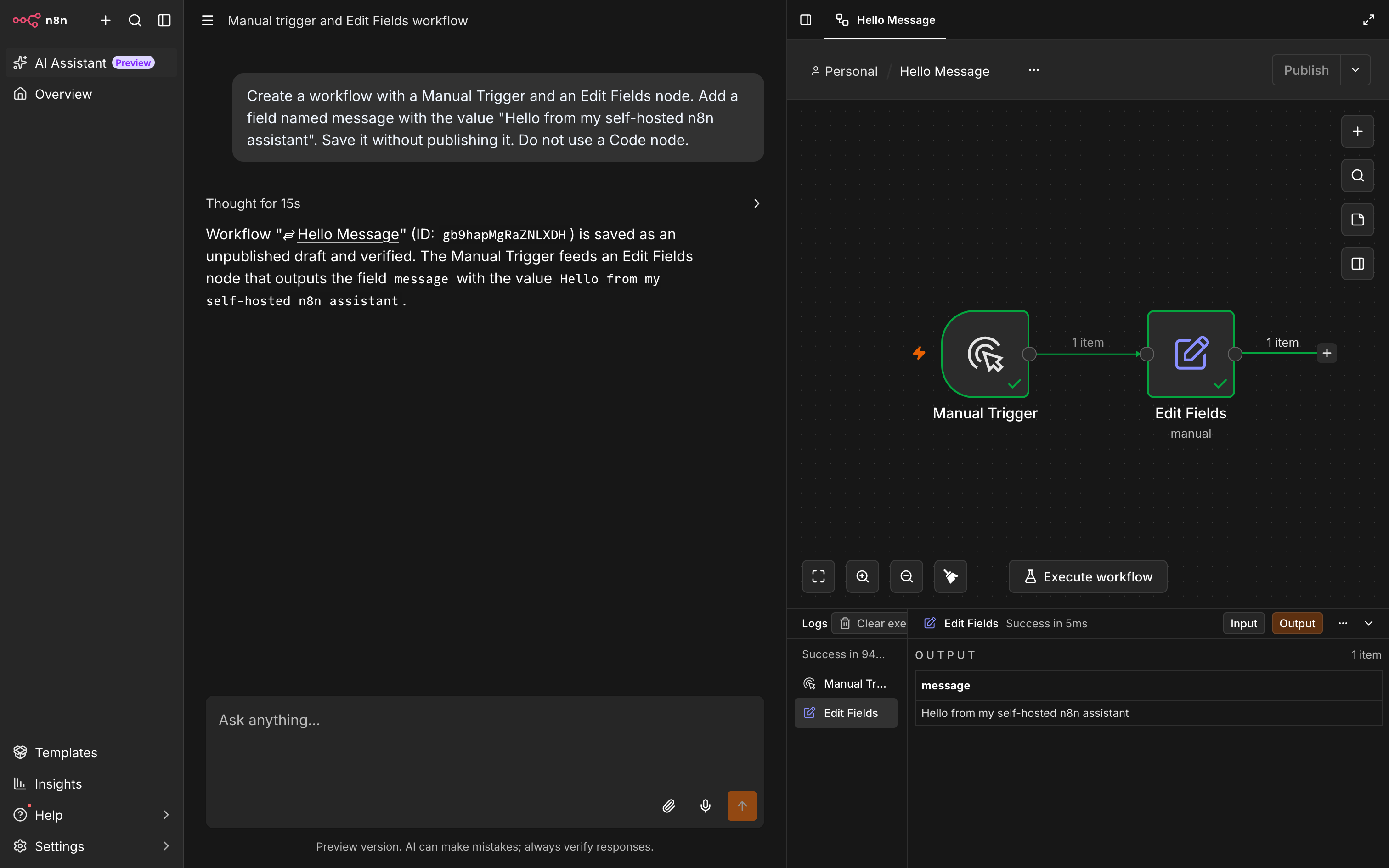 n8n AI Assistant with a generated Manual Trigger and Edit Fields workflow and successful output